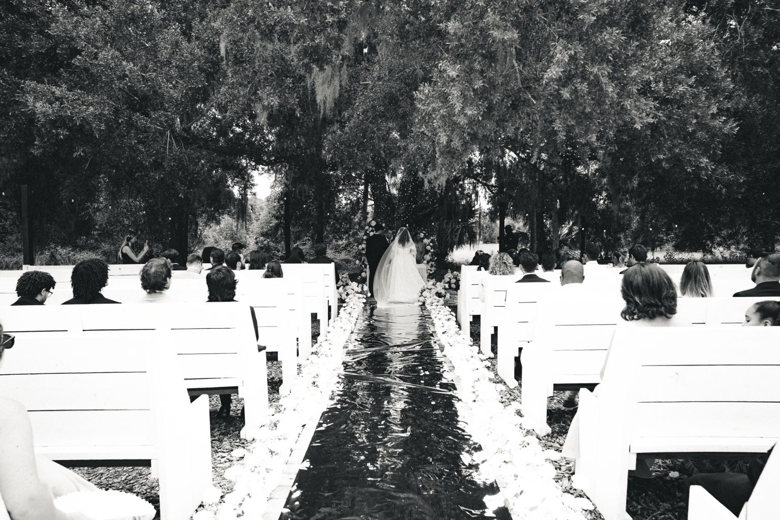 Guests seated in white pews as a bride walks the aisle beneath oak trees